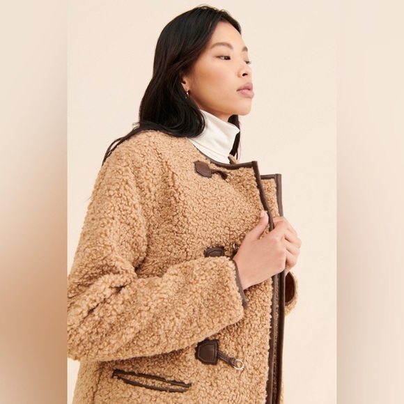 Avec Les Filles Faux Fur Toggle Coat Sherpa Shearling Brown - Picture 5 of 16
